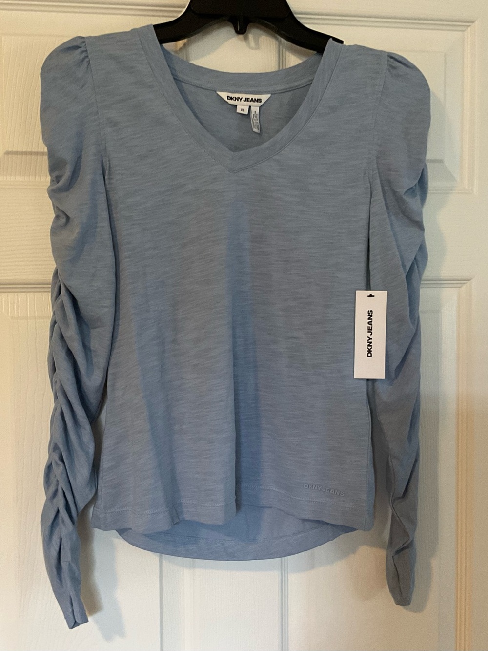 DKNY Light Blue V-Neck Ruched Long Sleeve Top